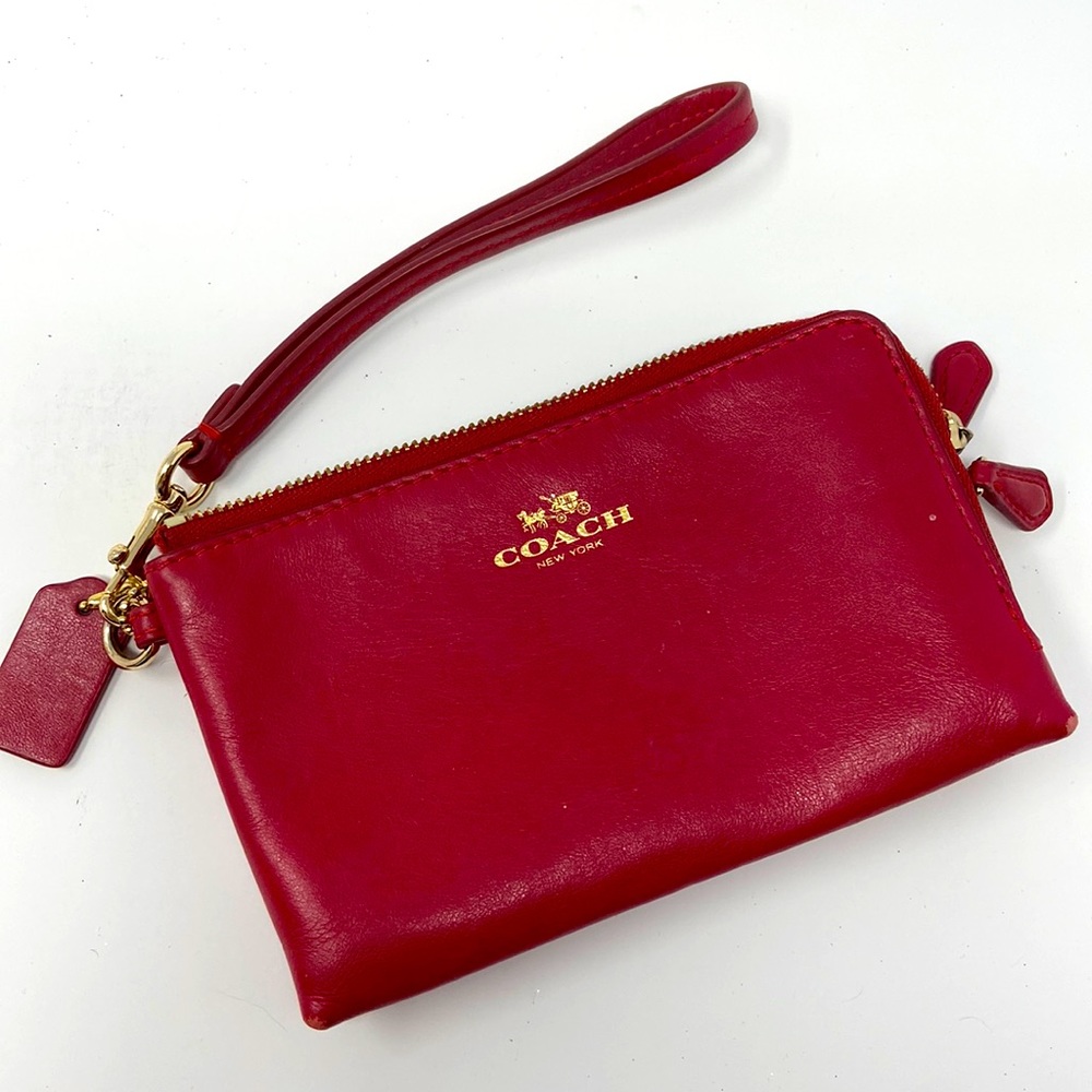 Coach Double Corner Zip Wristlet with Signature Print in Burgandy Red